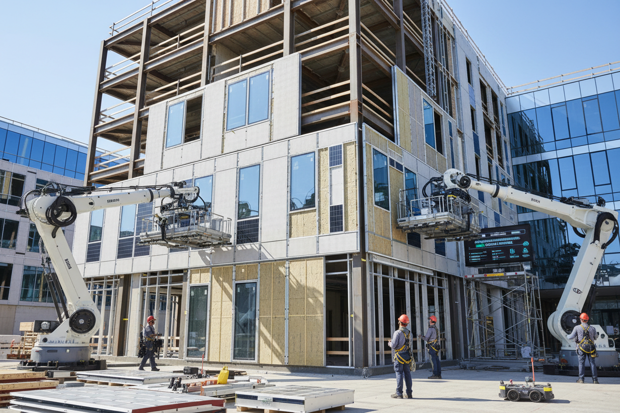 Modular building panels being installed on a construction site