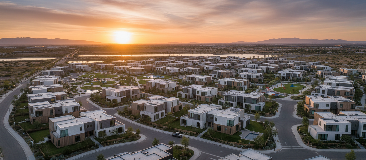 Aerial view of a SONO housing community at sunset
