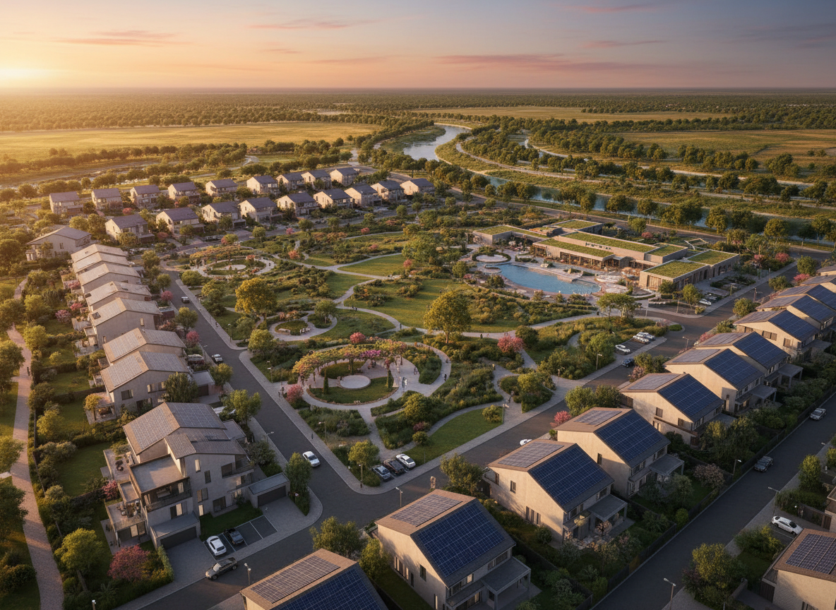 Aerial view of a completed SONO modular housing community