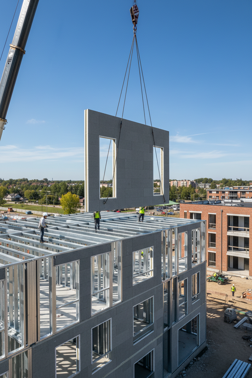 Modular building panel being installed on site